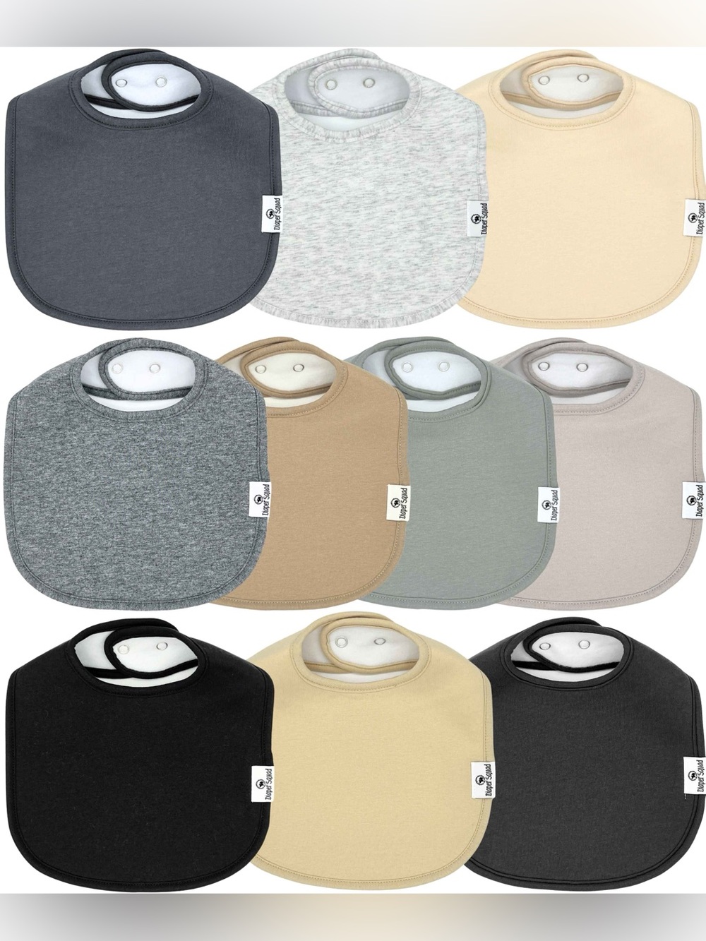 Diaper Squad 10 pack Neutral Square Organic Cotton & Fleece Baby Drool Bibs Set